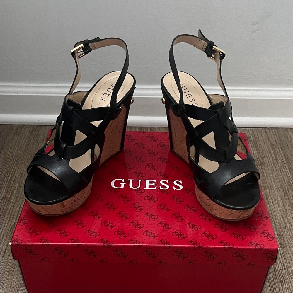 Guess Black and Tan Wedge Sandals